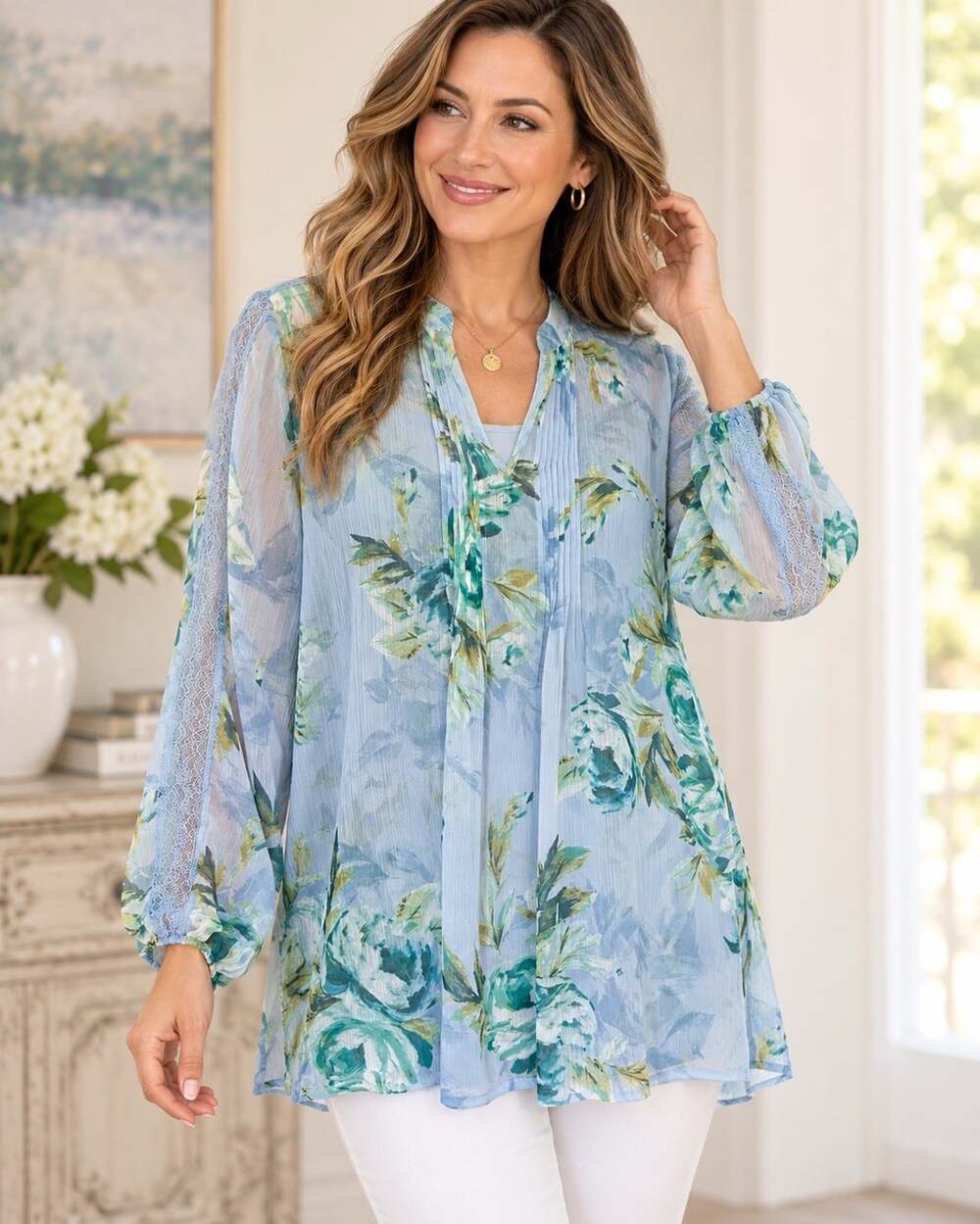 Susan Graver M Sheer Blue Tunic Tunic Top Long Sleeve Botanical Floral Lace